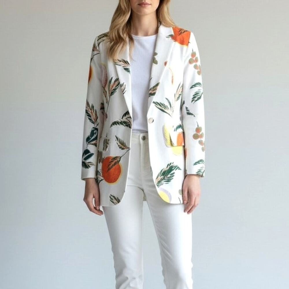 SHEIN Unity Lemon Fruit Print Double Breasted Blazer White Relaxed Fit S